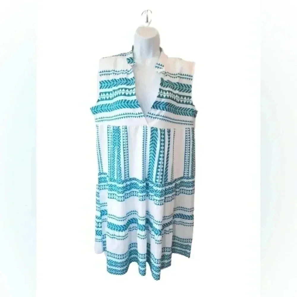 NWT Green White Geo Print Boho Babydoll Dress Large Coastal Cottagecore